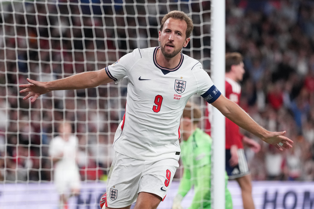 England's Harry Kane celebrates after scoring third goal during the UEFA Nations League soccer match between England and Czechia in London, Tuesday, Oct. 6, 2026.